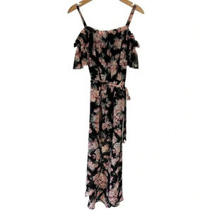 Lily Rose L black white pink floral shorts romper with sheer‎ long train